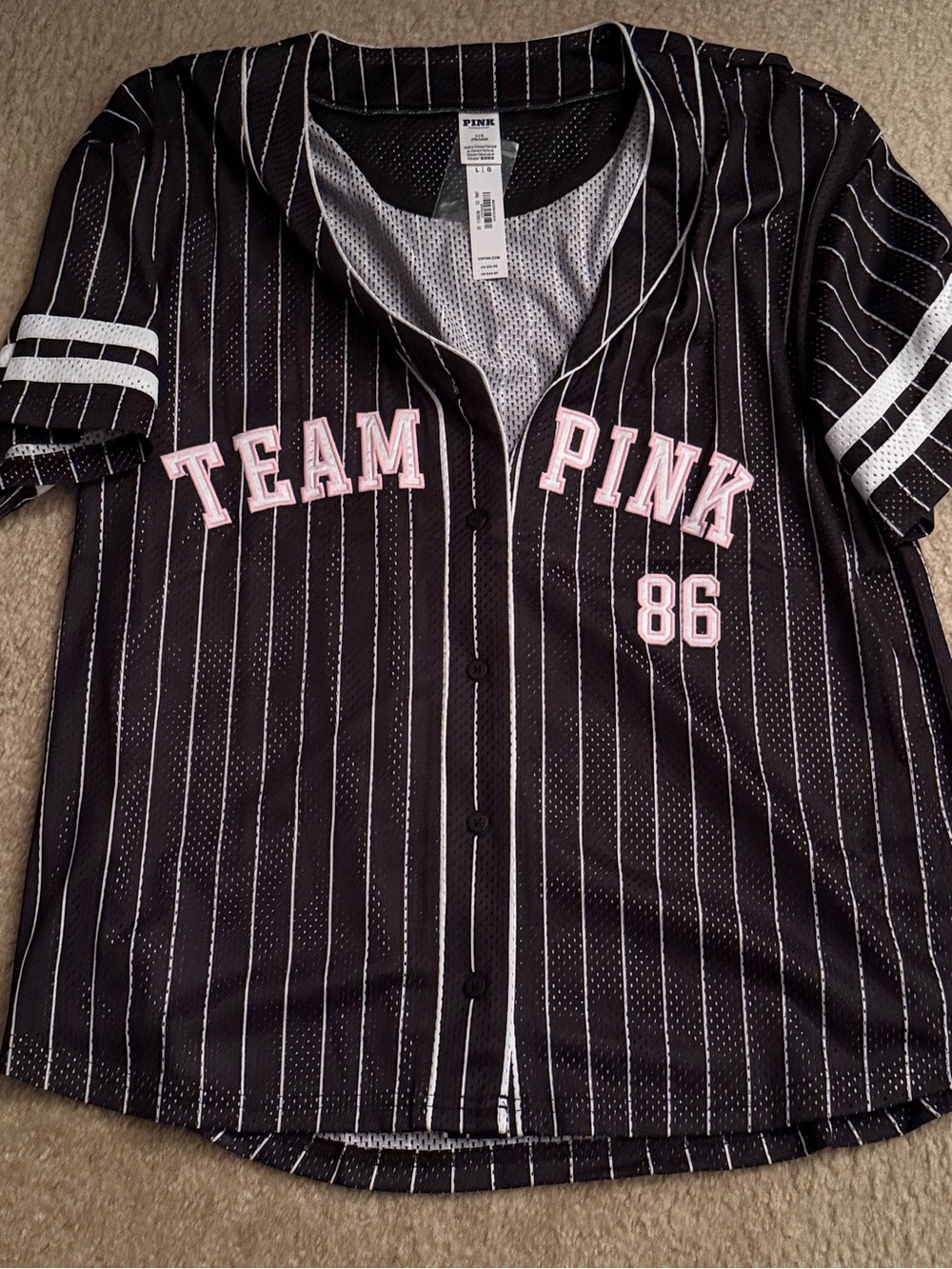 PINK Victoria's Secret Black Pinstripe 'Team PINK 86' Baseball Jersey